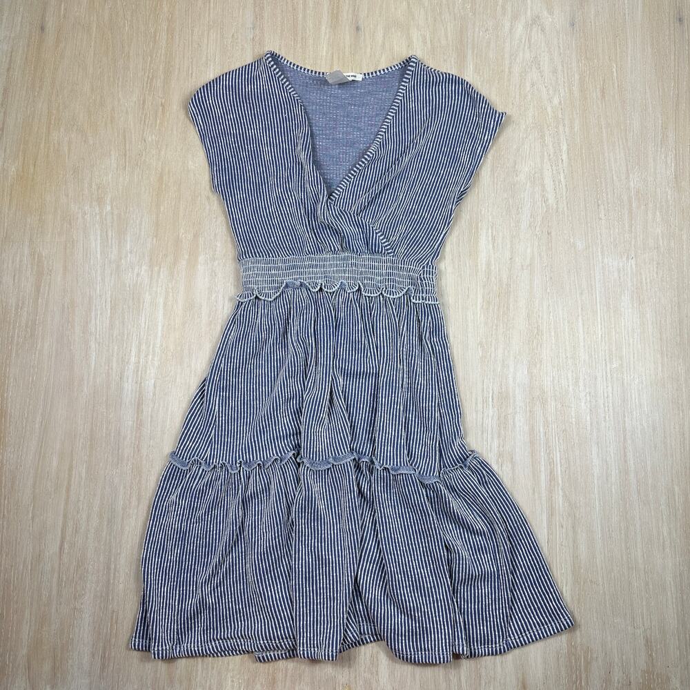 Caution to the Wind Blue White Striped Smocked Tiered Ruffle Dress Medium Boho